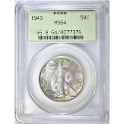 1943 WALKING LIBERTY HALF PCGS MS-64