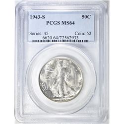 1943-S WALKING LIBERTY HALF PCGS MS-64