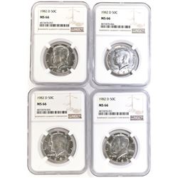 (4) 1982 D KENNEDY HALF DOLLARS NGC MS-66