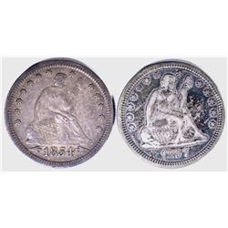 1854 WITH ARROWS & 1857 SEATED QUARTERS, XF