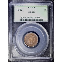 1863 INDIAN CENT PCGS PR-45 OLD GREEN HOLDER