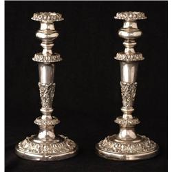 PAIR OF SHEFFIELD PLATED CANDLESTICKS, 11 1/2" hi