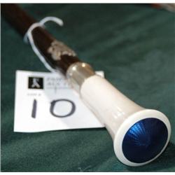 ENAMELED IVORY CANE with silver mounts, bearing R