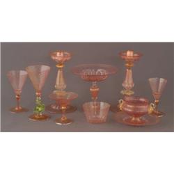 GROUP OF 50 PINK VENETIAN GLASS TABLE PIECES, 2 c