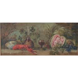 R. KRUGER STILL LIFE 13"X30" oil on canvas early 20th c