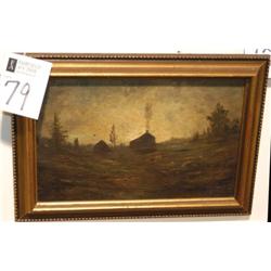 AMERICAN SCHOOL 9"x14" oil on board cabin at dusk