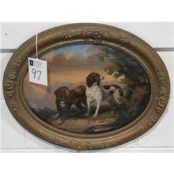 VICTORIAN REVERSE PAINTED CONVEX PICTURE OF DOGS 