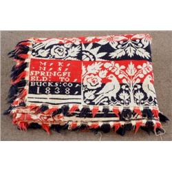 JACQUARD COVERLET red, blue and white dated 1838,