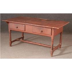 PAINTED RED TWO DRAWER WORK TABLE with stretcher