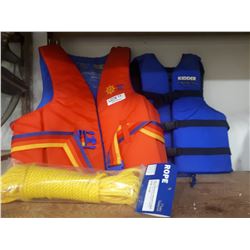PAIR OF LIFE JACKETS AND NEW ROPE