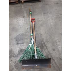 PAIR OF RAKES AND A SHOVEL