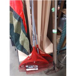 TWO RED LEAF RAKES
