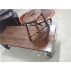 HEAVY WOODEN COFFEE TABLE AND MILKING STOOL