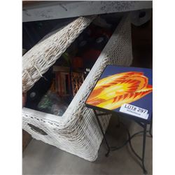 TILE TOP PLANT STAND AND WICKER CHEST OF TOYS
