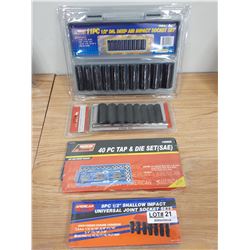 TWO NEW DEEP IMPACT SOCKET SETS, ONE NEW SHALLOW IMPACT SOCKET SET AND TAP