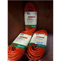 THREE NEW 50' GROUNDED OUTDOOR EXTENSION CORDS