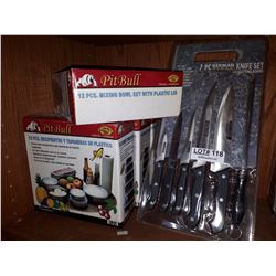 FOUR NEW LIDDED MIXING BOWL SETS AND NEW KNIFE SET
