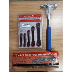 THREE NEW PIECES-BOX WRENCH SER, RATHET WRENCH SET AND HAMMEE