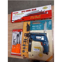 THREE NEW PIECES-IMPACT DRILL, 4 PC HEEL BAR SET AND 5 PC AWL SET