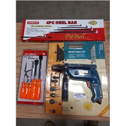THREE NEW PIECES-IMPACT DRILL, 4 PC HEEL BAR SET AND 5 PC AWL SET