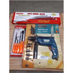 THREE NEW PIECES-IMPACT DRILL, 4 PC HEEL BAR SET AMD 5 PC AWL SET