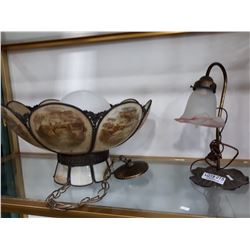 CURRIER AND IVES VINTAGE HANGING LAMP AND SMALL VINTAGE TABLE LAMP