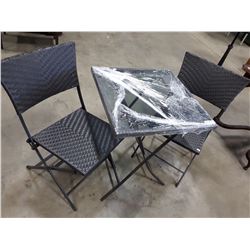 SMALL GLASS BISTRO TABLE WITH TWO MATCHING WICKER-LOOK CHAIRS
