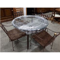 ROUND METAL PATIO TABLE WITH GLASS TOP AND FOUR MATCHING METAL CHAIRS