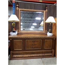 ORNATELY CARVED HEAVY WOOD DRESSER WITH MATCHING MIRROR