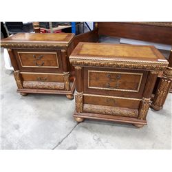 PAIR OF ORNATELY CARVED NIGHT TABLES WITH THREE DRAWERS