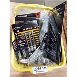 BASKET OF NEW TOOLS AND ACCESSORIES-HEX BITS, GREASE GUN COUPLERS, BOLT GAU