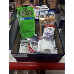 BOX OF ARCHERY ACCESSORIES-SHARPENER, STRING RELESSE, VANES, ETC