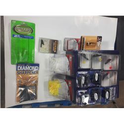 BOX OF ARCHERY ACCESSORIES-SHARPENER, STRING RELEASE, VANES, ETC