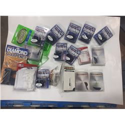 BOX OF ARCHERY ACCESSORIES-SHARPENER, STRING RELEASE, VANES, ETC