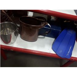 FOUR PIECE LOT- WATERING CAN, STAINLESS BUCKET, FLIPPERS, SMALL TOOL BOX