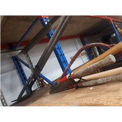 LOT OF GARDEN TOOLS-SHOVEL, HOE, PRUNERS, SAW, ETC