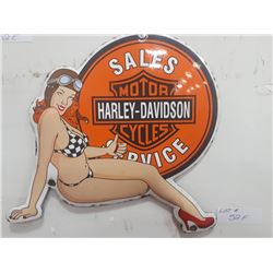 VINTAGE HARLEY DAVIDSON PORCELAIN BUTTON WITH PINUP GIRL 12"X12"