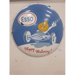 VINTAGE ESSO 'HAPPY MOTORING" PORCELAIN BUTTON 16\" ACROSS