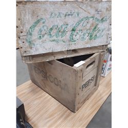 TWO VINTAGE WOODEN SODA BOXES-PEPSI AND COCA-COLA
