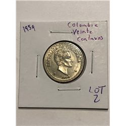 1959 Columbian Veinte Centovos Nice World Coin