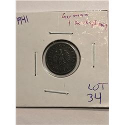 1941 WWII German 1 Reich Pfenning Coin