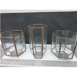 3 Glass & Copper Candle Lanterns / 2 are 7.5 high / 1 is 10" high