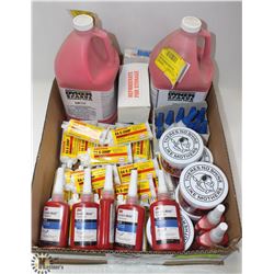 FLAT OF ASSORTED ADHESIVES, METAL POLISH,