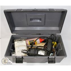 TOOL BOX OF ITEMS INCL HAMMERS, TAPE MEASURERS,