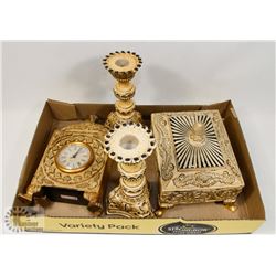 GOLD CANDLE HOLDER WITH CLOCK AND JEWELRY BOX