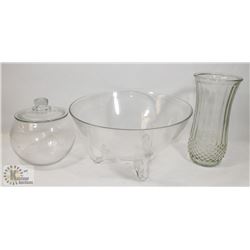 GLASS FRUIT BOWL, FISH BOWL AND VASE