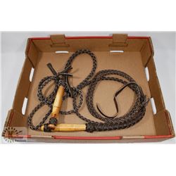 LOT OF 2 LEATHER & WOOD HANDLED WHIPS