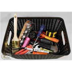 BIN OF ESTATE TOOLS THAT INCLUDES A NEW 1-1/8"