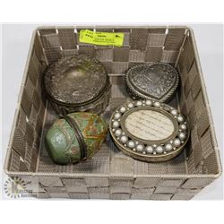BASKET OF PEWTER TRINKET BOXES & FABREGE STYLE EGG