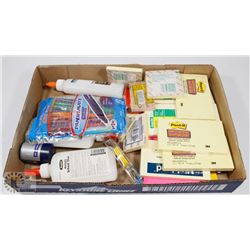 FLAT OF ASSORTED NEW POST IT NOTES, PENS, GLUE AND